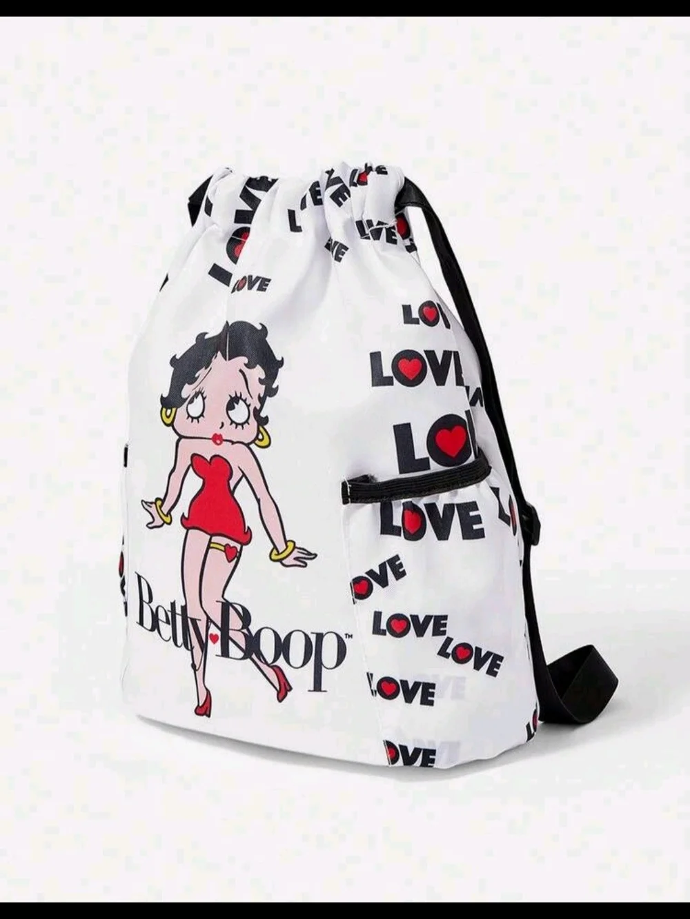 Betty Boop Drawstring Backpack — White with Red & Black Print